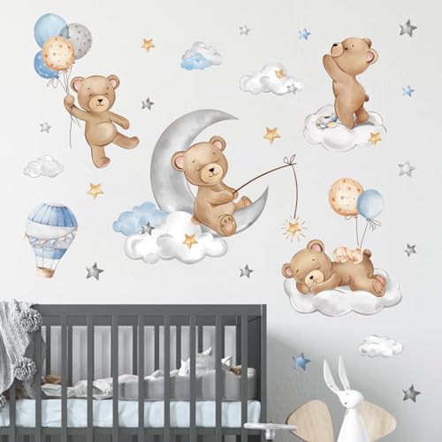 decalmile Wandtattoo Bär auf Mond Wandaufkleber Tiere Heißluftballon Wolken und Sterne Wandsticker Kinderzimmer Babyzimmer Schlafzimmer Wanddeko von decalmile