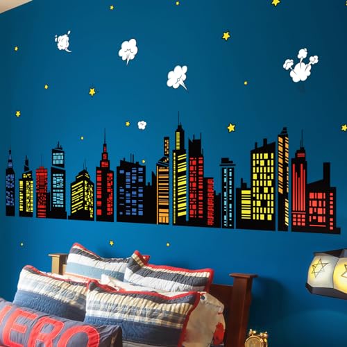 decalmile Wandtattoo Buntes Stadt Skyline Jungen Wandaufkleber Gebäude Scherenschnitt Sterne Wandsticker Babyzimmer Kinderzimmer Schlafzimmer Wanddeko von decalmile