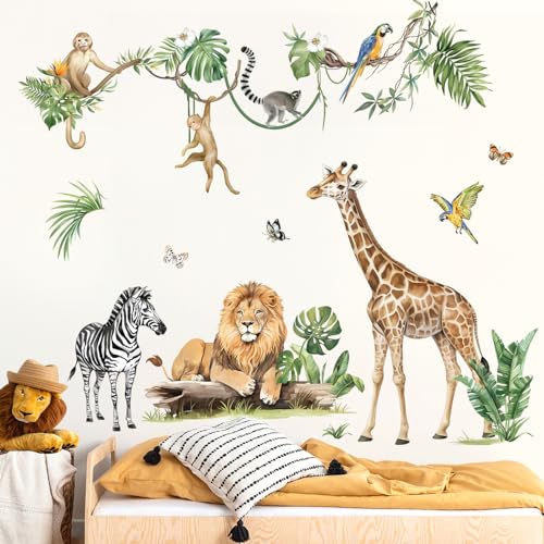 decalmile Wandtattoo Dschungel Tiere Reben Wandaufkleber Giraffe Löwe Zebra Safari Blätter Wandsticker Kinderzimmer Babyzimmer Schlafzimmer Wanddeko (XXL) von decalmile