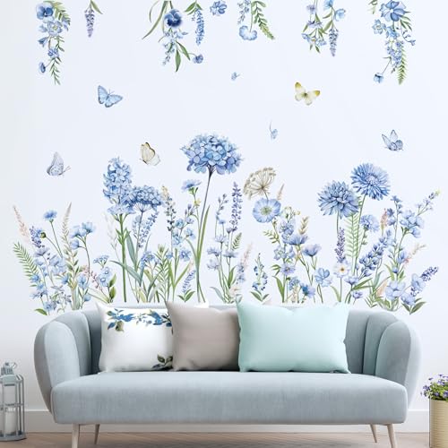 decalmile Wandtattoo Blumen Blau Wandaufkleber Wildblumen Schmetterlinge Blumen Blau Wandsticker Kinderzimmer Mädchen Wohnzimmer Schlafzimmer Wanddeko von decalmile