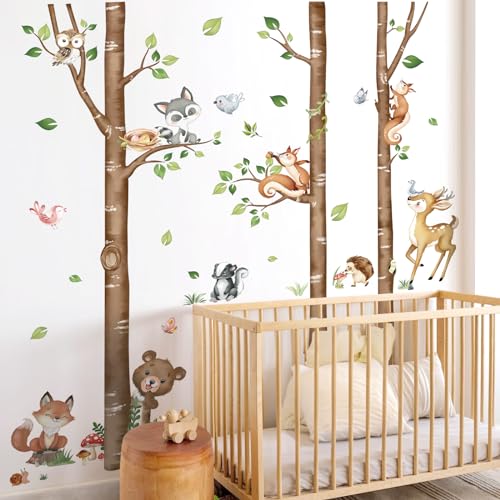 decalmile Wandtattoo Kinderzimmer Baum Birke Groß Wandaufkleber Waldtiere Bär Fuchs Wandsticker Kinderzimmer Schlafzimmer Babyzimmer Wanddeko(H: 63inches/ 160cm) von decalmile