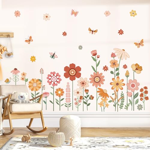 decalmile Wandtattoo Kinderzimmer Blumen Boho Wandaufkleber Blumen Bunte Gänseblümchen Schmetterlinge Wandsticker Babyzimmer Schlafzimmer Wohnzimmer Wanddeko von decalmile