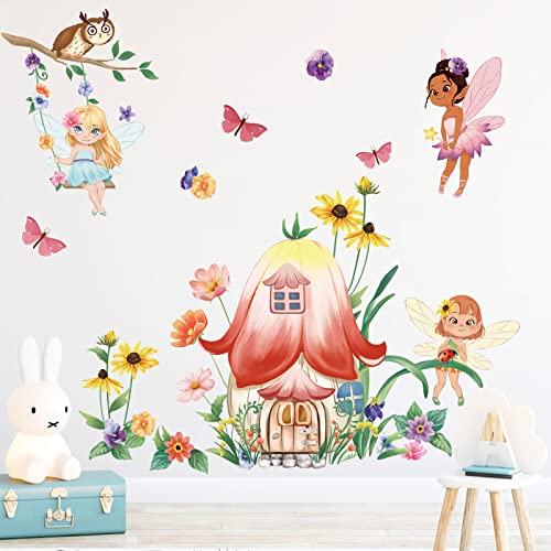 decalmile Wandtattoo Mädchen Feen Wandaufkleber Blumen Pilzhaus Schmetterling Wandsticker Babyzimmer Kinderzimmer Mädchen Wanddeko von decalmile