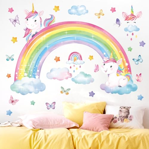 decalmile Wandtattoo Regenbogen Einhorn Kinderzimmer Wandaufkleber Schmetterlinge Wolken Sterne Wandsticker Mädchen Schlafzimmer Babyzimmer Kinderzimmer Wanddeko von decalmile