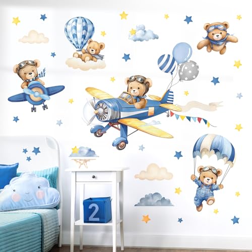 decalmile Wandtattoo Tiere Flugzeug Bär Wandaufkleber Heißluftballon Bär Wolken Wandsticker Babyzimmer Kinderzimmer Schlafzimmer Wanddeko von decalmile