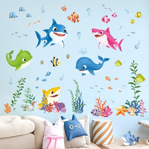 decalmile Wandtattoo Unter dem Meer Fisch Wandaufkleber Bunte Haie Meeresschildkröte Seetang Wandsticker Kinderzimmer Babyzimmer Badezimmer Wanddeko von decalmile