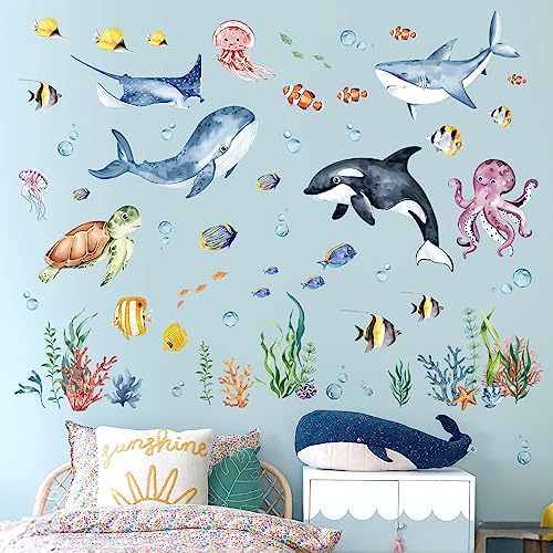 decalmile Wandtattoo Unter dem Meer Fisch Wandaufkleber Delphin Meeresschildkröte Seetang Wandsticker Kinderzimmer Babyzimmer Badezimmer Wanddeko von decalmile