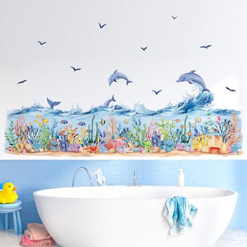 decalmile Wandtattoo Unter dem Meer Seetang Wandaufkleber Ozean Seegras Delfin Fisch Ozeanwelle Bordüre Wandsticker Kinderzimmer Babyzimmer Badezimmer Wanddeko von decalmile