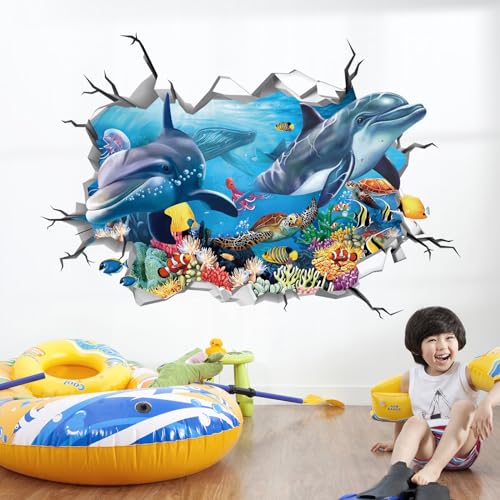 decalmile Wandtattoo Unterwasserwelt 3D Delfin Unter dem Meer Wandaufkleber Ozean Fisch Meeresschildkröten Wandsticker Junge Kinderzimmer Badezimmer Wanddeko von decalmile