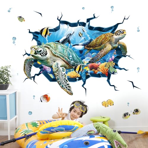 decalmile Wandtattoo Unterwasserwelt 3D Meeresschildkröten Unter dem Meer Wandaufkleber Ozean Fisch Seetang Wandsticker Junge Babyzimmer Badezimmer Wanddeko von decalmile