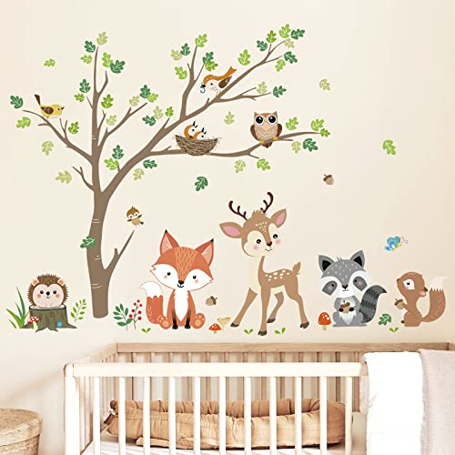 decalmile Wandtattoo Waldtiere Baum Wandaufkleber Fuchs Hirsch Eule Wandsticker Babyzimmer Kinderzimmer Schlafzimmer Wanddeko von decalmile