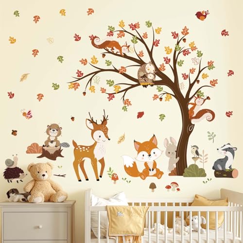 decalmile Wandtattoo Waldtiere Baum Wandaufkleber Hirsche Hase Eulen Herbst Wandsticker Babyzimmer Kinderzimmer Wohnzimmer Wanddeko von decalmile