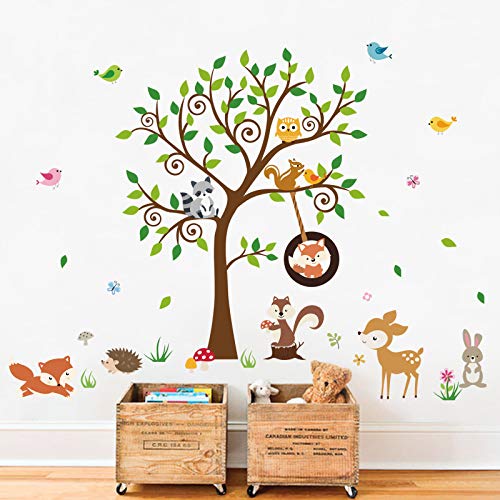 decalmile Wandtattoo Waldtiere Baum Wandsticker Fuchs Eichhörnchen Hirsch Wandaufkleber Kinderzimmer Babyzimmer Schlafzimmer Wanddeko (H:79cm) von decalmile