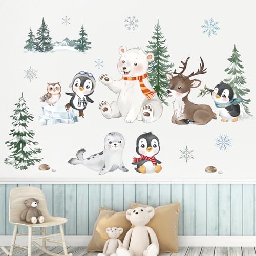 decalmile Wandtattoo Waldtiere Eisbär Wandaufkleber Kiefer Pinguin Hirsche Schneeflocken Wandsticker Kinderzimmer Schlafzimmer Babyzimmer Winter Wanddeko von decalmile