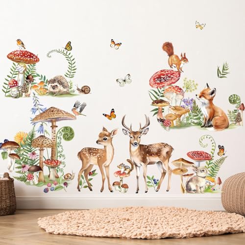 decalmile Wandtattoo Waldtiere Hirsch Wandaufkleber Fuchs Hase Pilze Blumen Wandsticker Babyzimmer Kinderzimmer Schlafzimmer Wanddeko von decalmile