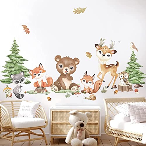 decalmile Wandtattoo Waldtiere Wandaufkleber Bär Hirsch Fuchs Bäume Wandsticker Kinderzimmer Babyzimmer Schlafzimmer Wanddeko von decalmile