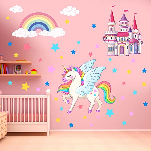 Wandtattoo Einhorn Schloss Wandaufkleber Regenbogen Stern für Mädchenzimmer Kinderzimmer Schlafzimmer Dekor von decalsweet