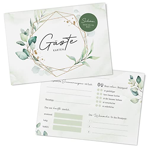 DeinWeddingshop Gästebuchkarten zum Ausfüllen, 50x Gästekarten zur Hochzeit, Gästebuch Alternative, Hochzeitsspiel mit Fragen zum Ausfüllen - DIN A6, Greenery Eucalyptus von DeinWeddingshop