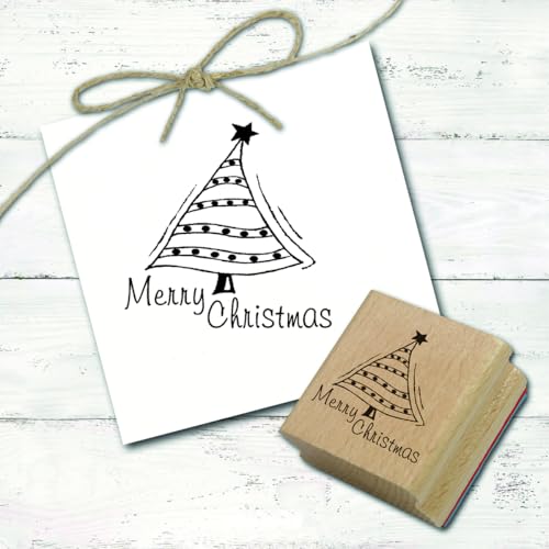 Dekolando Motivstempel Merry Christmas - Tanne mit Stern modern Streifen - Weihnachten Stempel Holzstempel Weihnachtsstempel - Abdruck 48 x 48 mm von dekolando