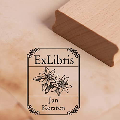 Ex Libris Stempel Edelweiß mit Name - Vintage Rahmen - Exlibris Buch Buchmarke Motivstempel Holzstempel - 38 x 48 mm von dekolando