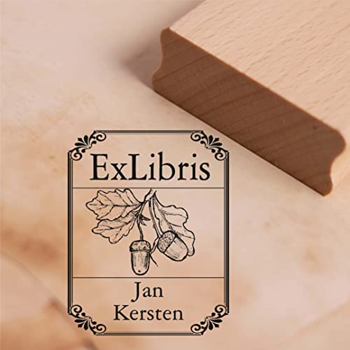 Ex Libris Stempel Eichel mit Name - Vintage Rahmen - Exlibris Buch Buchmarke Motivstempel Holzstempel Eiche Natur - 38 x 48 mm von dekolando