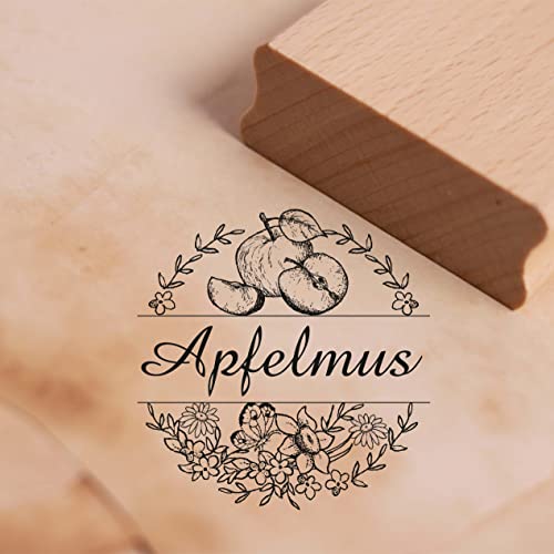 Motivstempel Apfelmus Etikett - Vintage Blumen Kranz mit Schmetterling - Stempel Apfel Motiv - 66 x 68 mm von dekolando