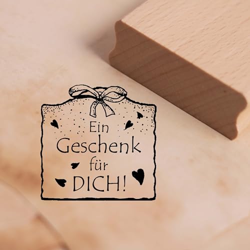 Motivstempel Ein Geschenk für dich - Anhänger mit Herzen und Schleife Weihnachten Stempel Holzstempel 48 x 48 mm von dekolando