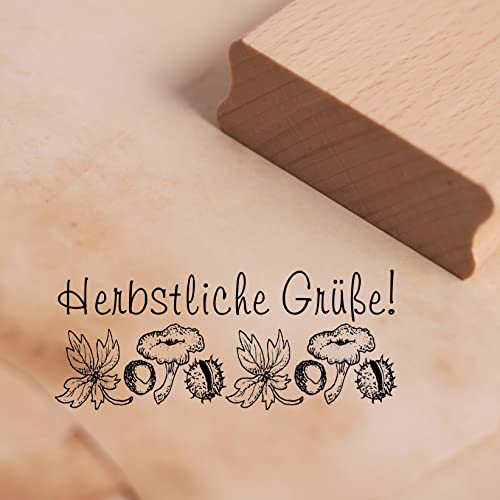 Motivstempel Herbstliche Grüße - Kastanien Pilze Wald Herbst Stempel Holzstempel 68 x 28 mm von dekolando