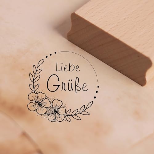 Motivstempel Liebe Grüße Blumen Kranz - Blüten Stempel Punkte Holzstempel 38 x 38 mm von dekolando