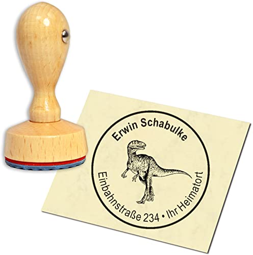 Stempel Adressstempel Holzstempel - Dinosaurier Megalosaurus - rund ∅ 40mm personalisiert als Firmenstempel Namensstempel Bürostempel von dekolando