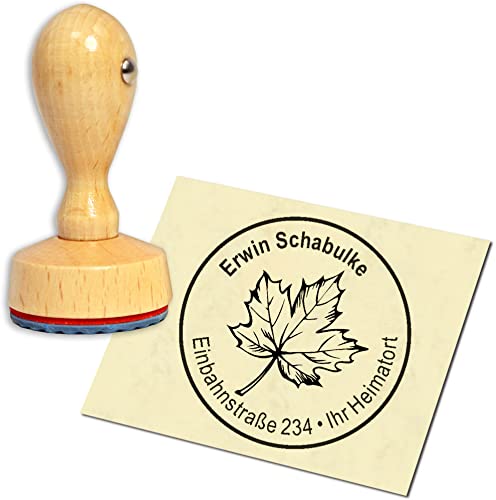 Stempel Adressstempel Holzstempel - Eichenblatt - rund ∅ 40mm personalisiert als Firmenstempel Namensstempel Bürostempel von dekolando