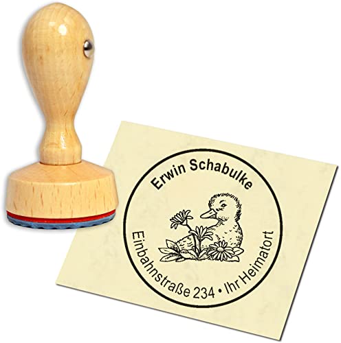 Stempel Adressstempel Holzstempel - Ente mit Blume - rund ∅ 40mm personalisiert als Firmenstempel Namensstempel Bürostempel von dekolando