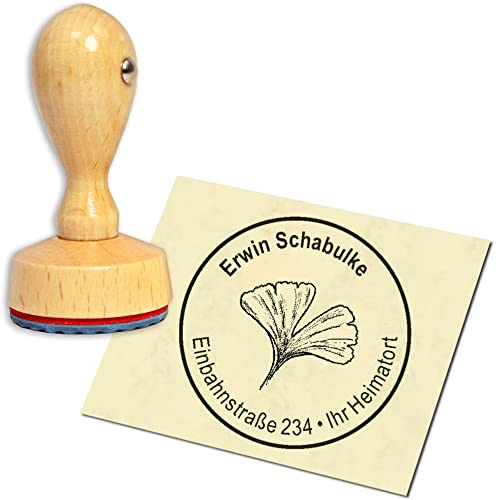 Stempel Adressstempel Holzstempel - Ginkgo - rund ∅ 40mm personalisiert als Firmenstempel Namensstempel Bürostempel von dekolando