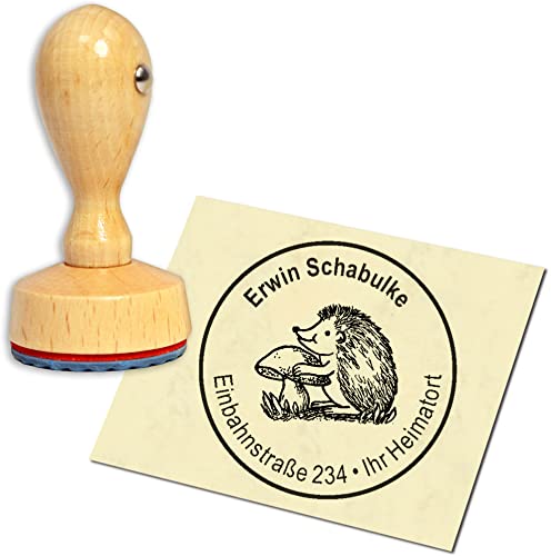 Stempel Adressstempel Holzstempel - Igel mit Pilz - rund ∅ 40mm personalisiert als Firmenstempel Namensstempel Bürostempel von dekolando