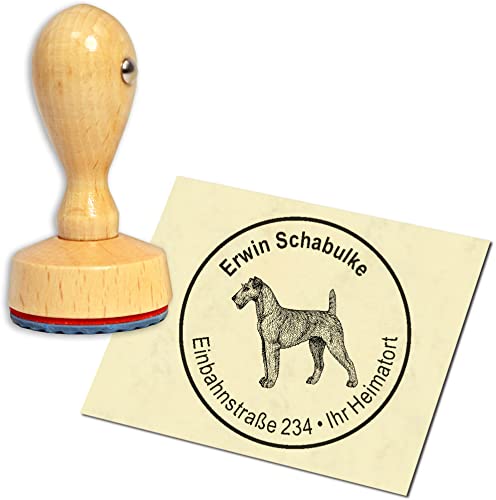 Stempel Adressstempel Holzstempel - Irish Terrier - rund ∅ 40mm personalisiert als Firmenstempel Namensstempel Bürostempel von dekolando