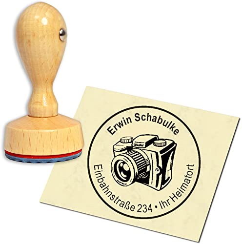 Stempel Adressstempel Holzstempel - Kamera - rund ∅ 40mm personalisiert als Firmenstempel Namensstempel Bürostempel von dekolando