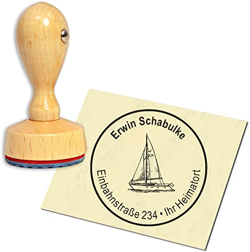 Stempel Adressstempel Holzstempel - Segelboot - rund ∅ 40mm personalisiert als Firmenstempel Namensstempel Bürostempel von dekolando