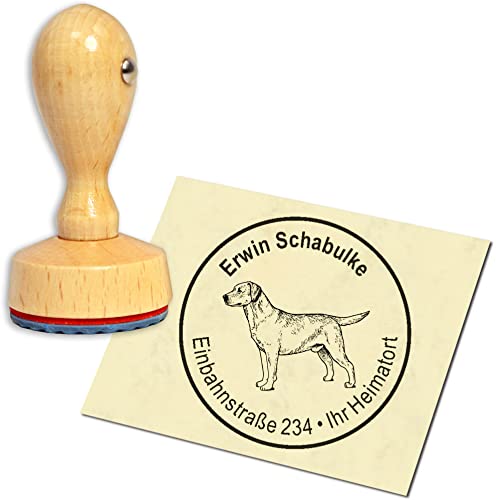 Stempel Adressstempel Holzstempel - heller Labrador Retriever - rund ∅ 40mm personalisiert als Firmenstempel Namensstempel Bürostempel von dekolando