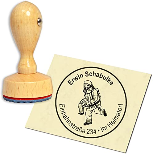 Stempel Adressstempel Holzstempel - laufender Feuerwehrmann - rund ∅ 40mm personalisiert als Firmenstempel Namensstempel Bürostempel von dekolando