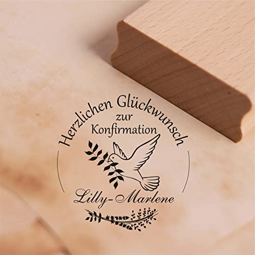 Stempel Herzlichen Glückwunsch zur Konfirmation mit Name - Taube Kranz Motivstempel Holzstempel 38 x 38 mm von dekolando