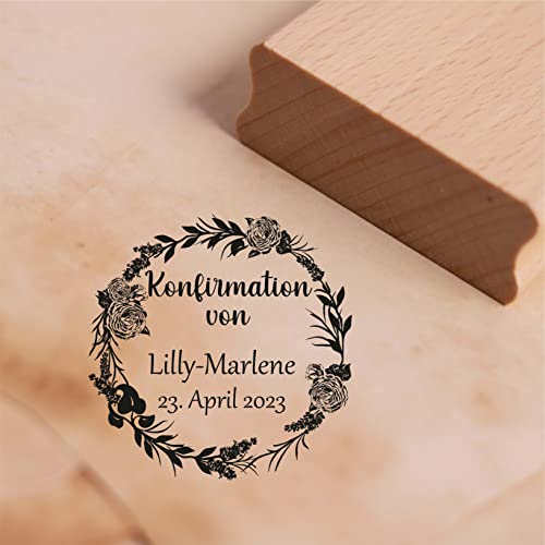 Stempel Konfirmation von - mit Name und Datum - Motiv Rosen Vintage Kranz Motivstempel Holzstempel 38 x 38 mm von dekolando