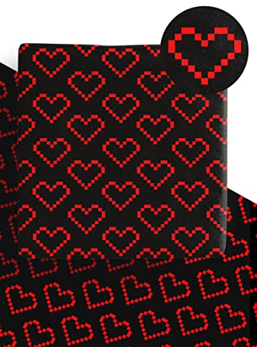 Pixel-Herz-Geschenkpapierbögen, 70 cm x 50 cm, Premium-Geschenkpapier, recycelbar, 80er-Jahre, perfekt für Valentinstag, Jahrestag, Hochzeit und mehr, 100 % recyceltes Papier, 4 Stück von deleco