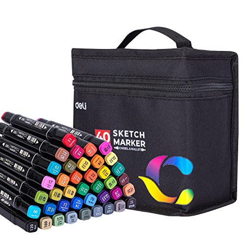 Deli 40 Farben Alkohol Marker Set – Doppelspitze, Schnelltrocknend, Künstler & Hobby Marker Stifte für Skizzen, Graffiti, Zeichnen & Illustration mit Tragetasche von deli