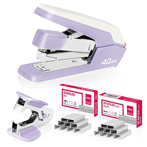 Deli Effortless Desktop Hefter, Heavy Duty Hefter, 40-50 Blatt Kapazität, Ein Finger, Kein Aufwand, Inklusive Heftklammern & Klammerentferner, Violett von deli