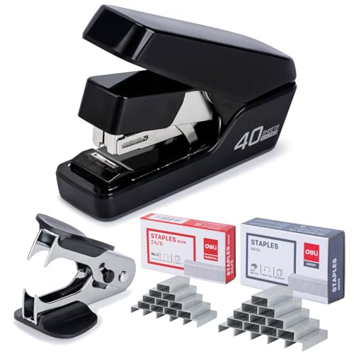 Effortless Desktop Stapler, Heavy Duty Stapler, 40-50 Sheet Capacity, One Finger, No Effort, includes Staples & Staple Remover, Black von deli