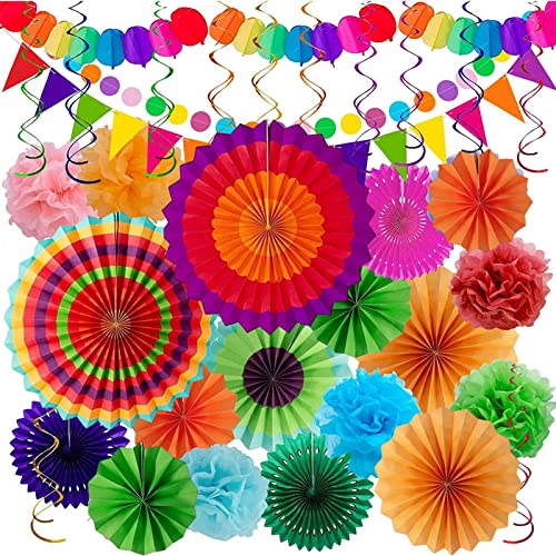 2 Hängende Papierfächer - Flache Fiesta Papierfächer Blumen,Bunte Papier-Fans Papier Wimpel Blume Anhänger für Geburtstagsfeiern Babypartys Hochzeit Urlaub Delr von delr