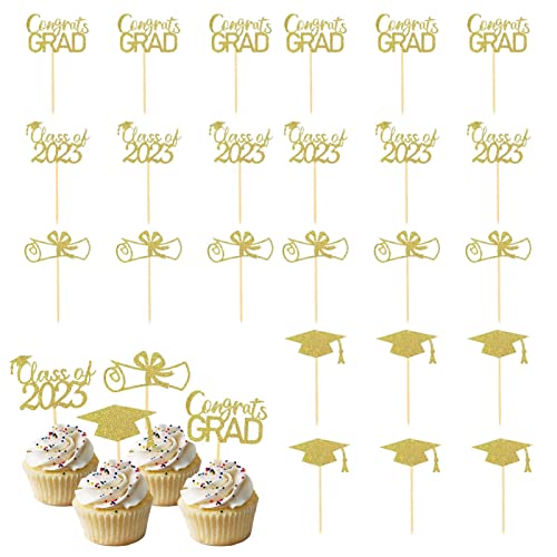 2023 Cupcake Toppers | 24 Pack 2023 Abschluss Cupcake Toppers | Glitzer Klasse von 2023 Abschluss Cupcake Toppers, Diplom Grad Caps Grad Cake Toppers Picks für Abschluss Delr von delr