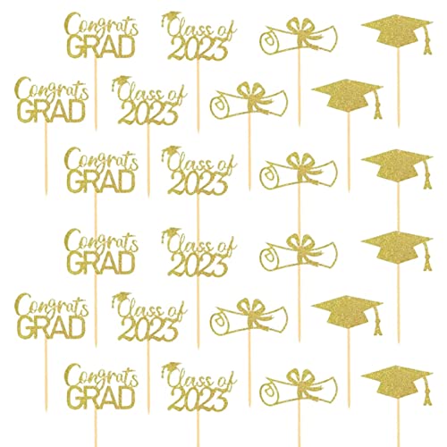 delr 2023 Cupcake Toppers | 24 Stück Cupcake Topper Abschluss - Glitzer 2023 Graduation Cupcake Toppers, Diploma Grad Caps Cake Toppers Picks for Graduation von delr