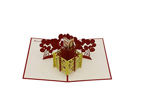 design3dkarten® Geschenkbox Karton, Karte für Geldgeschenk, Herzlichen Glückwunsch, Happy Birthday, Geschenkpaket, 3d Klappkarte, Pop Up Karte, Glückwunschkarte, Grußkarte, Geschenkkarte (gelb/rot) von design3dkarten