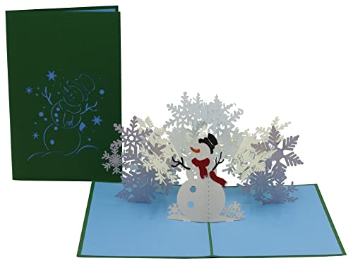 design3dkarten® Schneemann mit Schneeflocke, Winterlandschaft Weihnachtskarte, 3D-karte, klappkarte, Pop Up Karte von design3dkarten